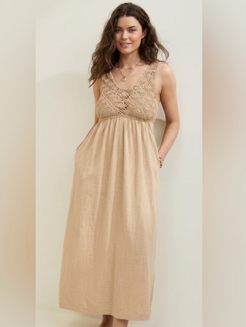 Aerie Crochet Knit Maxi Dress in Tan Brown NWT Size Large Cotton Boho Festival - Picture 3 of 13